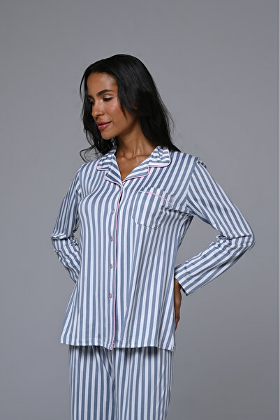 Lohussa Women's Powder Jacquard Striped Front Buttoned Special Design Maternity Pajama Set