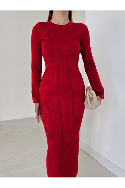 MAXXANA Elegant Long Length Knitwear Dress - Burgundy - Suitable for S-M-L