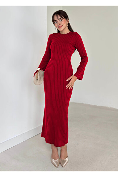 MAXXANA Elegant Long Length Knitwear Dress - Burgundy - Suitable for S-M-L