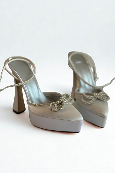 SHOEBOURNE Silver Satin White Bow Stone Pointed Toe Open Back Ankle Wrap Plat...