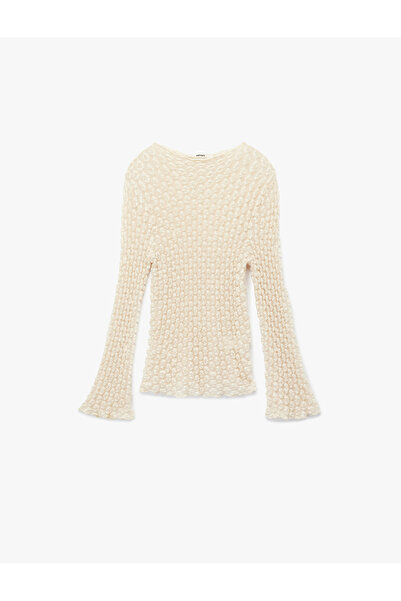 Koton Slim Fit Semi-Sheer Soft Textured Long Sleeve Lace Blouse