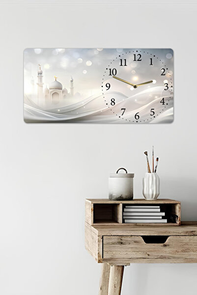 kutuTR 3D Görünümlü Temperli Cam Saat Tablo – Beyaz Cami Silueti Desenli UV Baskı 60x30 cm - YSG013