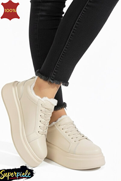 ANGEL BLUE Beige fur-lined casual shoes in leather with high sole for winter