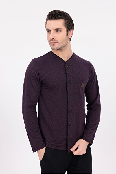 BLACKMORE Men's Plum Knit Striped Button Front Long Sleeve Cotton Men's Pajama Set