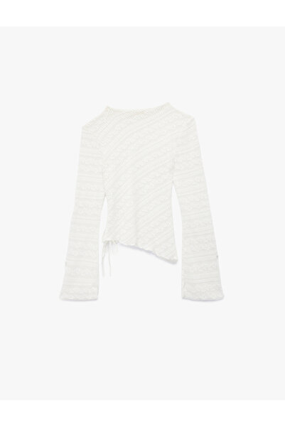 Koton Long Sleeve Crew Neck Lace-Up Detail Ruched Blouse