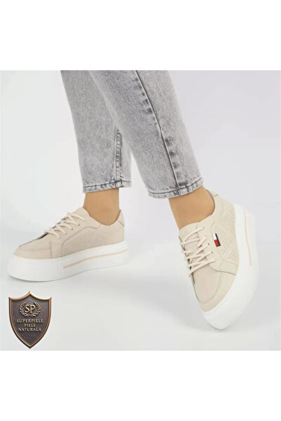 superpiele Pantofi casual bej din piele, talpă albă cu dungă |TOMIKA|