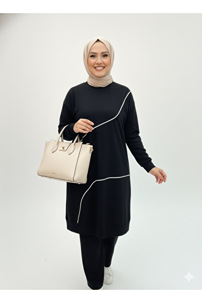 CELTMODA Women's Striped Detail Crystal Fabric Hijab Double Set - Black