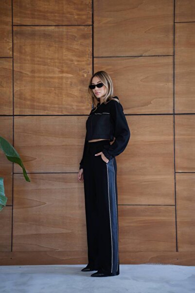 MAXXANA Leather Paneled Modal Fabric Stone Detailed Hooded Crop and Pants Two-Piece Set