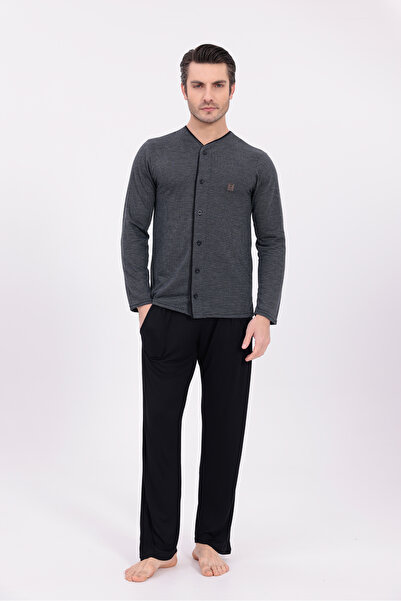 BLACKMORE Men's Anthracite Knitted Striped Button Front Long Sleeve Cotton Men's Pajama Set