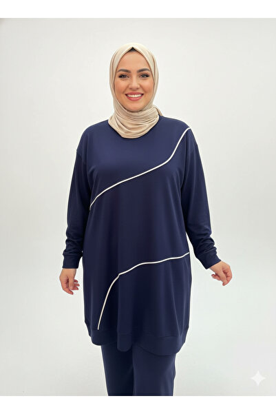 CELTMODA Women's Striped Detail Crystal Fabric Hijab Double Set - Navy Blue