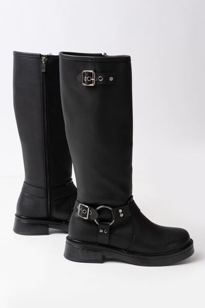 Zerenyus Zri̇n-312 Premium Black Zippered Daily Women's Boots with Buckle Accessories