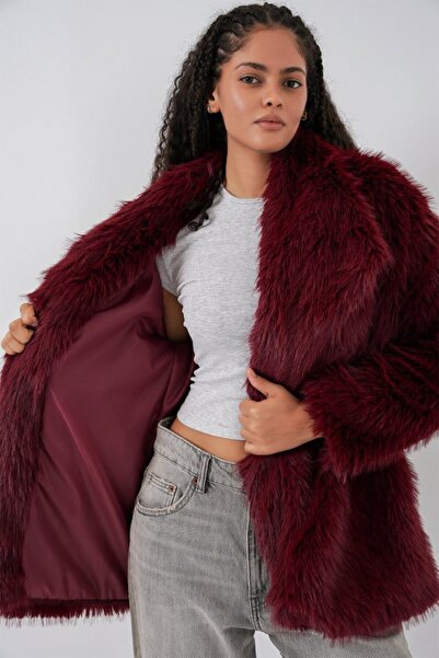 ALPACO Palton din shearling supradimensionat cu centură 9156 - Roșu Claret