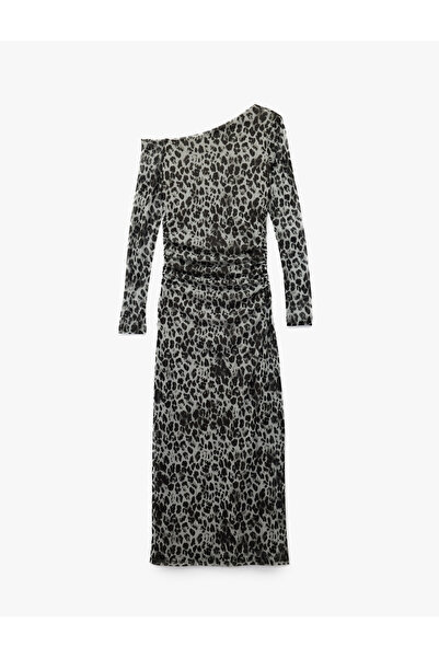 Koton Long Sleeve Draped Leopard Print Midi One Shoulder Dress