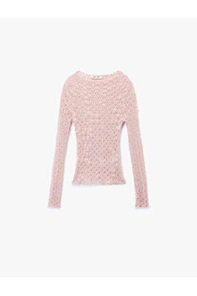 Koton εφαρμοστό Μπλούζα με μακρυμάνικο δαντέλα με μισό διάφανη μαλακή υφή