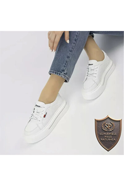 superpiele Casual women's leather shoes White with white sole and stripe | TOMIKA |
