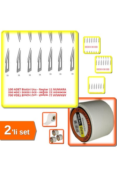 HerEveOyuncak 100 Adet Bistüri Neşter Ucu No 11 + 3 Adet Çift Taraflı Köpük Bant 50mmx2m - 2li Set Z6M0G9