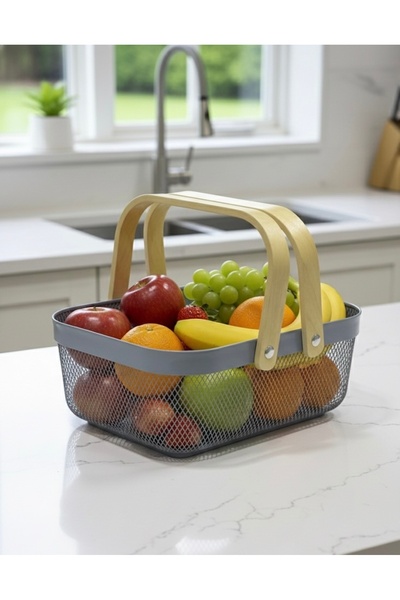 Tutku Ahşap Kollu Metal Sepet-Gri