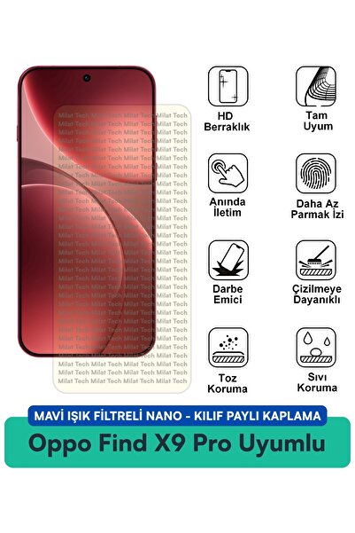Milat Tech Oppo Find X9 Pro Mavi Işık Filtreli Nano Kılıf Uyumlu Ekran Koruma...