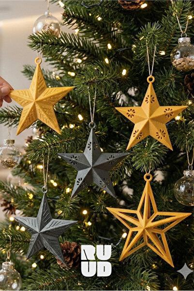 Ruud Creative 3D Baskı 5'li Dekoratif Yıldız Yılbaşı Ağacı Süsü Seti - Gold v...