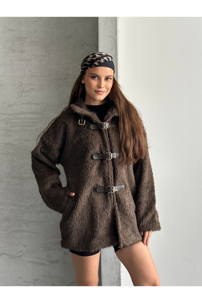 FERZOLAİO Oversized Brown Feather Jacket with Belt Tie
