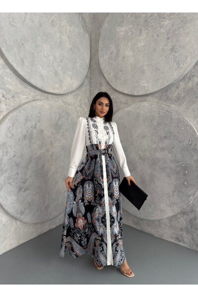 WellWay فستان رمادي من قماش أطلس بطبعة زهور وياقة قميص وأزرار (يشمل الحزام)-2502
