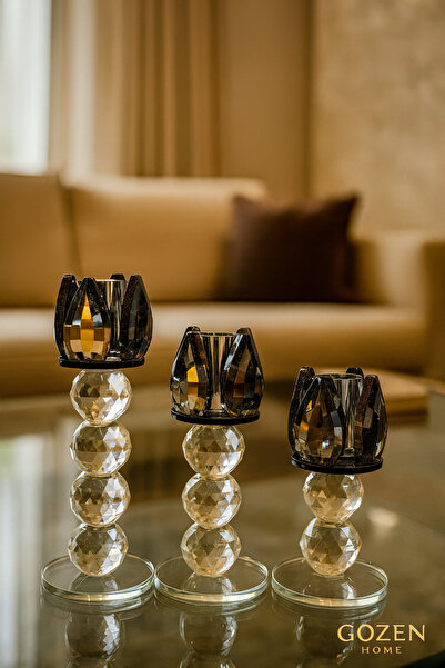 GZNDEKOR Üçlü Lüx Kristal Parıltılı Mumluk Seti