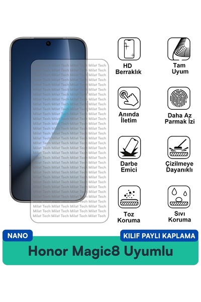 Milat Tech Honor Magic8 Nano Kılıf Uyumlu Ekran Koruma Filmi Yüksek Şeffaf Le...