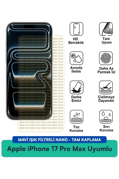 Milat Tech فيلم حماية شاشة نانو لهاتف ابل ايفون 17 برو ماكس مع فلتر الضوء الأ...