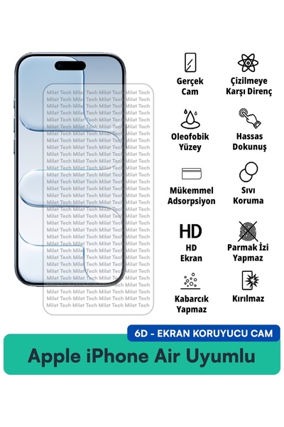 Milat Tech زجاج حماية شاشة Apple iPhone Air 6D بتغطية كاملة ومضاد لبصمات الأصابع