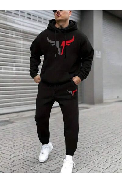 Marco Fresco Unisex Bull Head Printed Hooded Bottom-Top Set Tracksuit Set