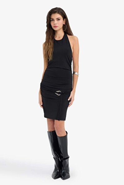 DeFacto New Year's Themed Bodycon Body-Hugging Halter Neck Mini Dress G5938Ax25Wn