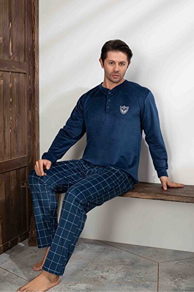Tarık Erkek Kışlık %100 PAMUK Uzun Kol Kadife Pijama Takımı-İndigo Mavi Ekose Alt