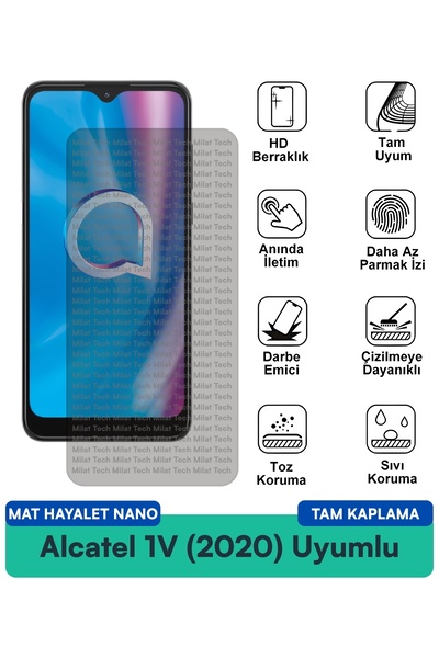 Milat Tech فيلم حماية شاشة Alcatel 1V (2020) Mat Hayalet Nano مقاوم للخدوش وا...