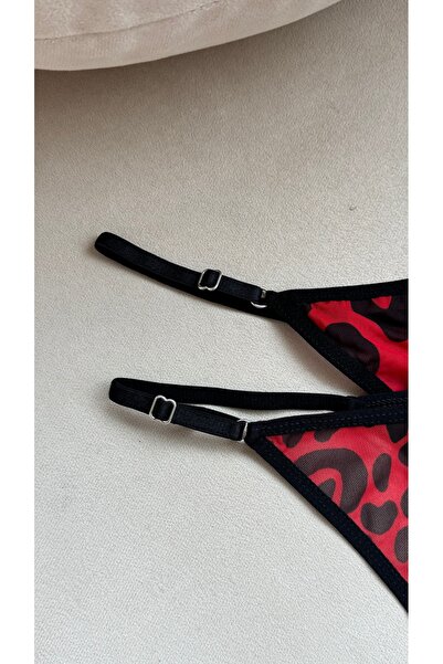 YOYYO Women's 2-Piece Red Leopard Thong Tulle Model Underwear Women's Laundry Adjustable Waist Part