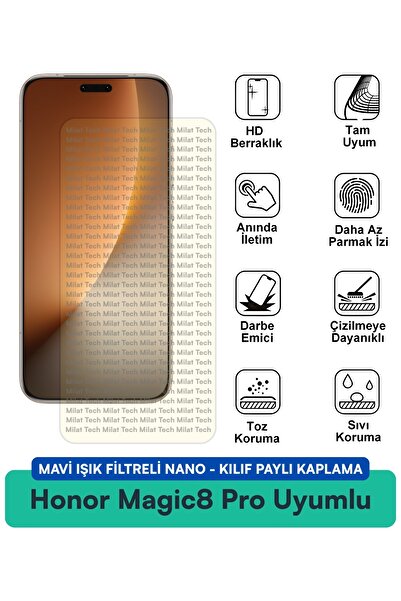 Milat Tech Honor Magic8 Pro Mavi Işık Filtreli Nano Kılıf Uyumlu Ekran Koruma...