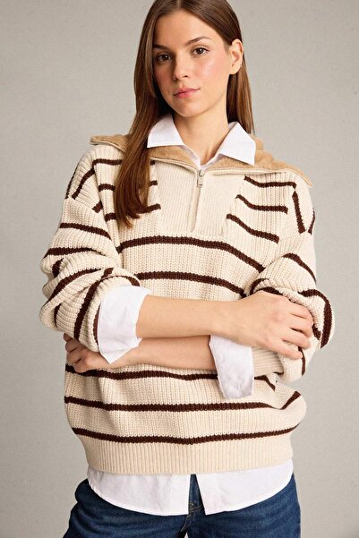 DeFacto Overshirt Fit Turtleneck Half Zipper Striped Cotton Knitwear Sweater G6302Ax25Wn