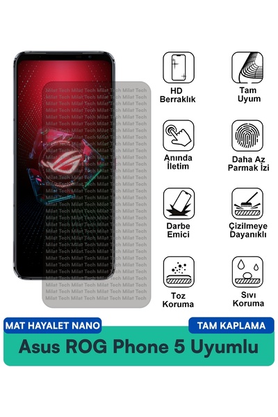 Milat Tech طبقة حماية للشاشة من Asus ROG Phone 5 Mat Hayalet Nano مقاومة للخد...
