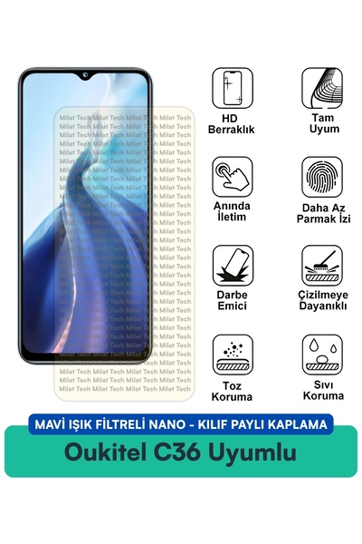 Milat Tech فلتر الضوء الأزرق Oukitel C36، غطاء نانو متوافق مع طبقة حماية الشا...