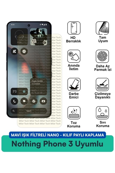 Milat Tech Nothing Phone 3 Mavi Işık Filtreli Nano Kılıf Uyumlu Ekran Koruma ...