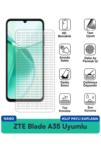 Milat Tech غطاء حماية شاشة متوافق مع ZTE Blade A35 Nano لا يترك بصمات الأصابع...