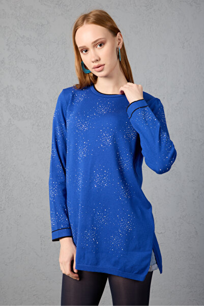 Clothes Fast Stone Detailed Crew Neck Knitwear Blouse - Contrast Piped and Side Slit