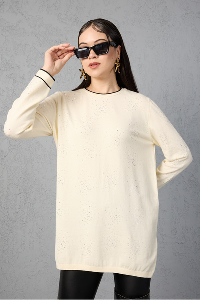 Moda Days Stone Detailed Crew Neck Knitwear Blouse - Contrast Piped and Side Slit