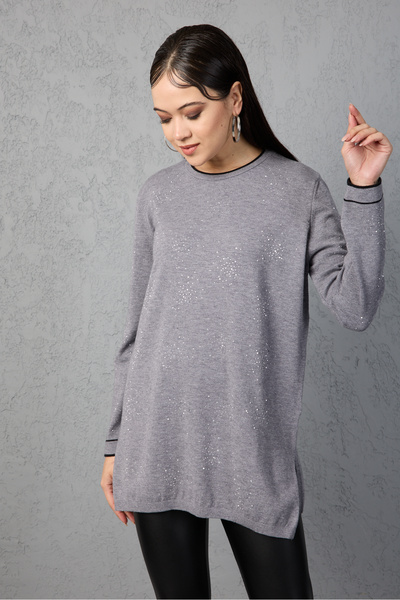 Clothes Fast Stone Detailed Crew Neck Knitwear Blouse - Contrast Piped and Side Slit