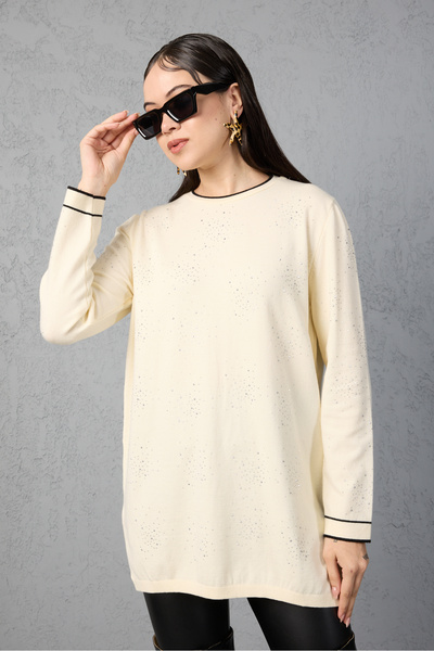 Moda Days Stone Detailed Crew Neck Knitwear Blouse - Contrast Piped and Side Slit