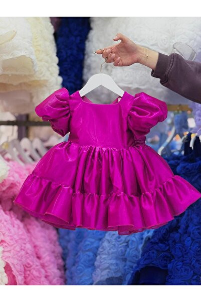 Hly Karol Tasarım Fuchsia Balloon Sleeve Special Occasion Dress,Birthday Dress,Photo Shoot Dress,Suitable for 0-13 Years Old