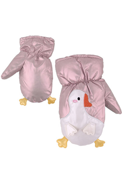 İşnar Parmaksız Çocuk Kar Eldiven 2-4 Yaş Pembe Kaz Desenli Model 00516