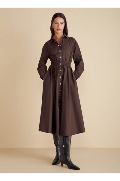 BROOKS BROTHERS Gömlek Yaka Düz Koyu Kahve Midi Kadın Elbise Metal Çıtçıtlı T...