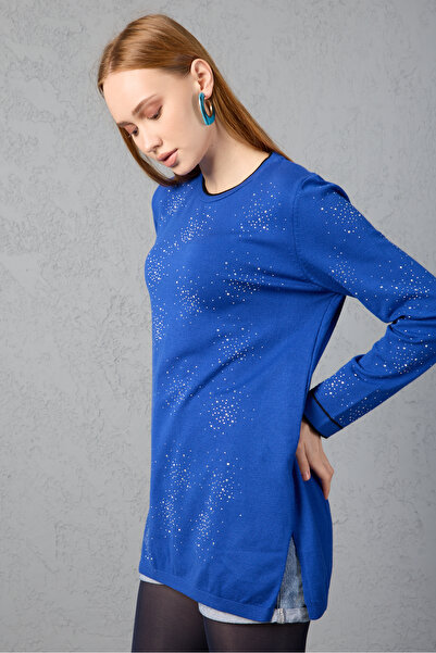 Clothes Fast Stone Detailed Crew Neck Knitwear Blouse - Contrast Piped and Side Slit