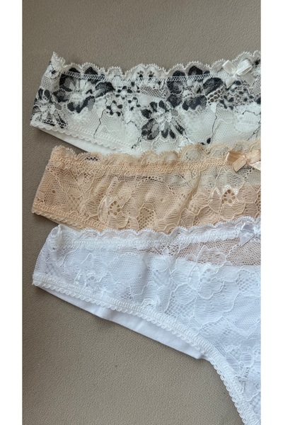 YOYYO Women's 3-Piece Thong Lace Tulle Women's Underwear Everyday Laundry Special Cotton Textured White, Beige White Black