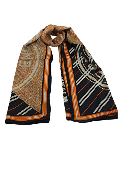 PİRAMİT VUAL İPEK ŞAL YAZILI DESEN SİYAH TURUNCU